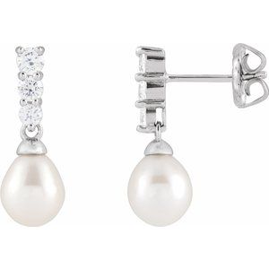 Rhodium-Plated Sterling Silver Pearl 7.0-8.0 Mm Cultured Freshwater Pearl And Imitation Cz Dangle Earrings