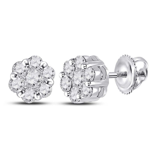 14K White Gold Womens Round Diamond Flower Cluster Earrings 1/2 Cttw