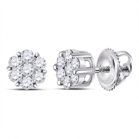 14K White Gold Womens Round Diamond Flower Cluster Earrings 1/4 Cttw