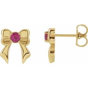 14K Yellow Gold Round Shape 3 Mm Natural Pink Tourmaline Bow 4-Prong Stud Earrings