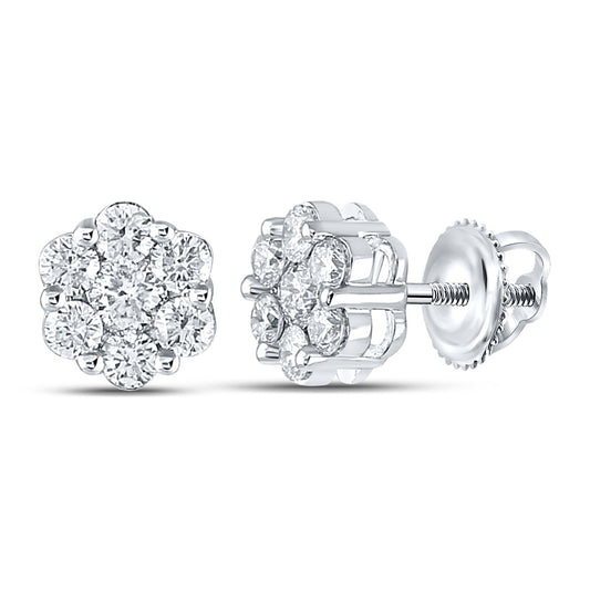14K White Gold Womens Round Diamond Flower Cluster Earrings 7/8 Cttw