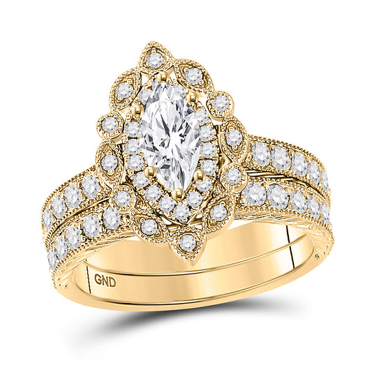 14K Yellow Gold Marquise Diamond Halo Bridal Wedding Ring Band Set 2 Cttw, Womens Size: 5-10