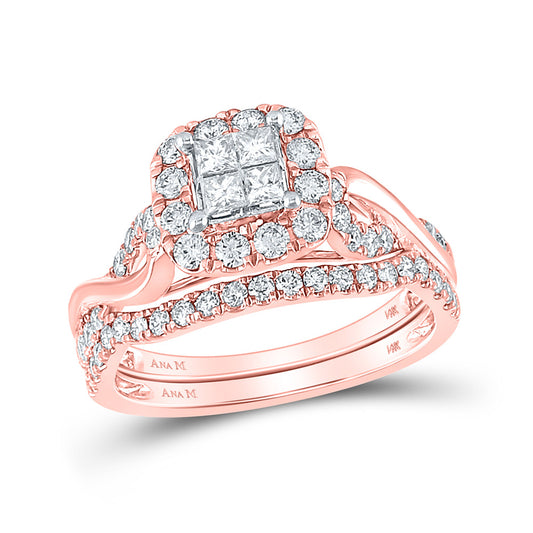 14K Rose Gold Princess Diamond Halo Bridal Wedding Ring Band Set 1 Cttw, Womens Size: 5-10