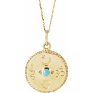 14K Yellow Gold Round 2 Mm  Natural Turquoise Spiritual Necklace, Length: 18 In