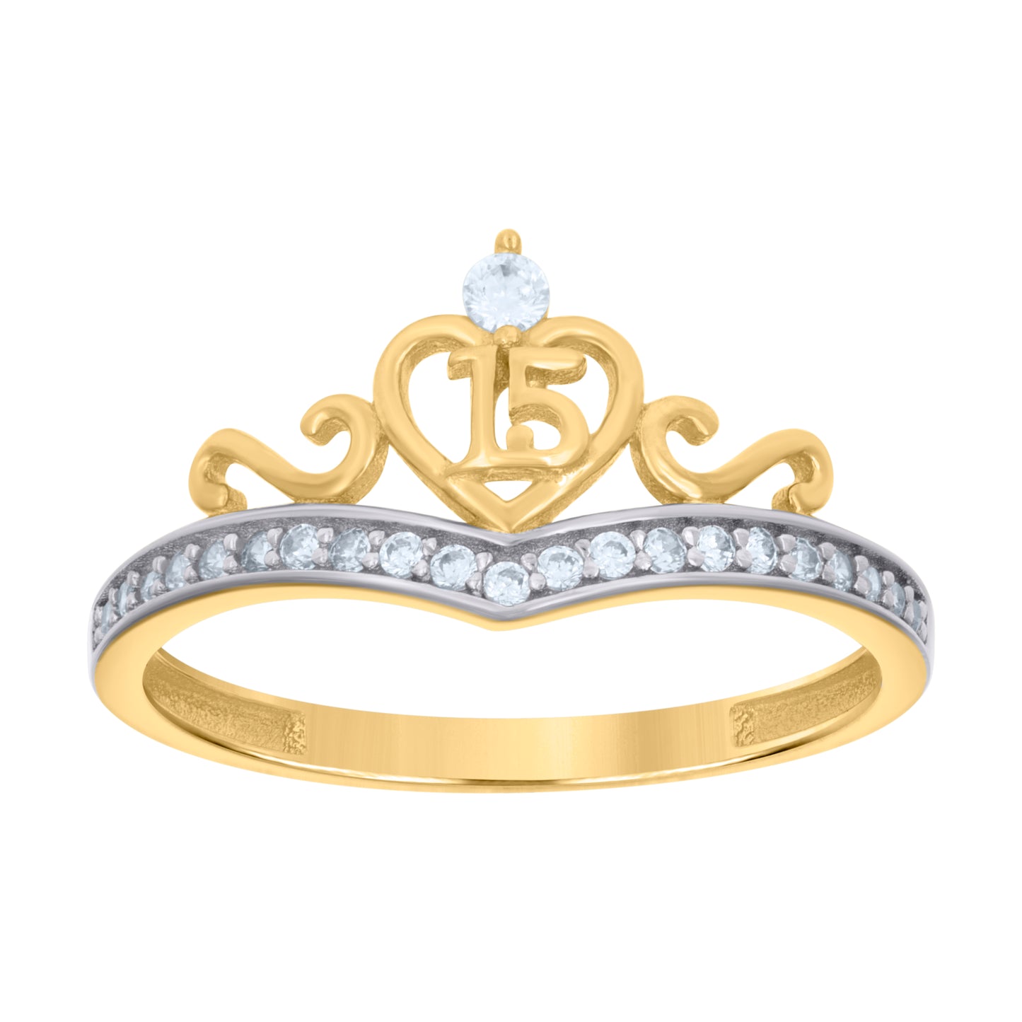 14K Two-tone Gold Womens Cubic-Zirconia 15 Quinceanera Bridal Anniversary Engagement Wedding Ring