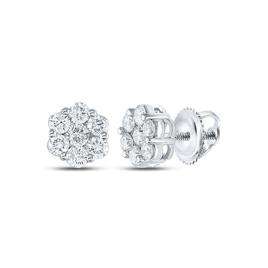 14K White Gold Womens Round Diamond Flower Cluster Earrings 1-1/2 Cttw