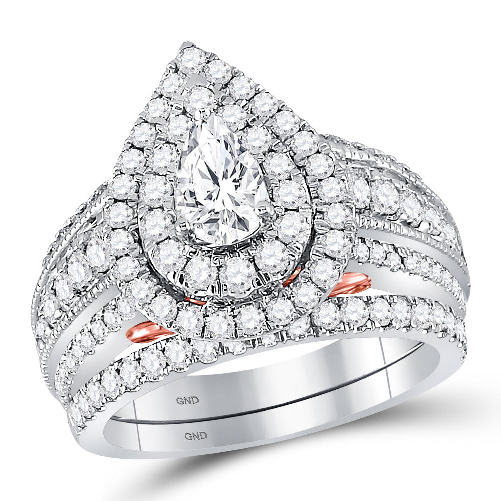 14K Two-tone Gold Pear Diamond Bridal Wedding Ring Band Set 2 Cttw, Womens Size: 5-10