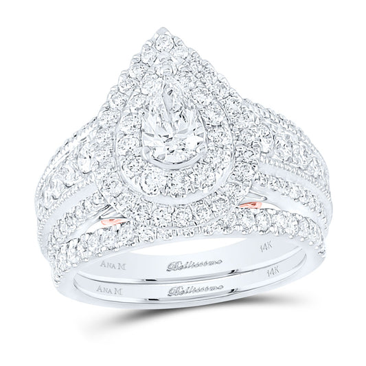 14K Two-tone Gold Pear Diamond Bridal Wedding Ring Band Set 2 Cttw, Womens Size: 5-10