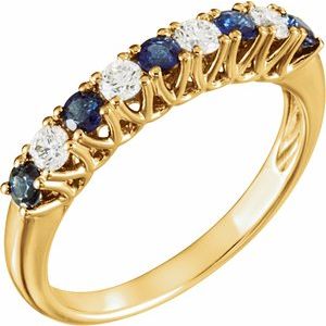 14K Yellow Gold Round 2.5 Mm Hi Si2-Si3 Natural Blue Sapphire And 1/4 Ctw Natural Diamond Anniversary Band Size 7