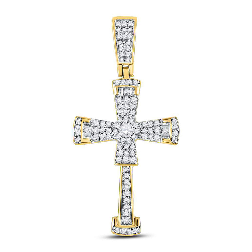 10K Yellow Gold Mens Round Diamond Flared Cross Crucifix Charm Pendant 1/2 Cttw