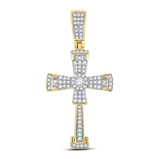 10K Yellow Gold Mens Round Diamond Flared Cross Crucifix Charm Pendant 1/2 Cttw