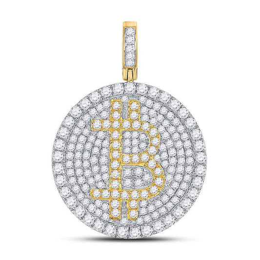 10K Yellow Gold Mens Round Diamond Bitcoin Circle Charm Pendant 2-1/2 Cttw