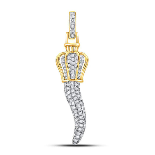 10K Yellow Gold Mens Round Diamond Italian Horn Charm Pendant 1/2 Cttw, Length: 1.63 In, Width: 0.28 In