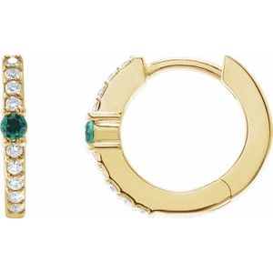 14K Yellow Gold Pair Round Shape 2Mm I1, Gh Lab-Grown Emerald And 1/8 Ctw Natural Diamond Huggie Earrings, Length: 13.6 Mm, Thickness: 2 Mm