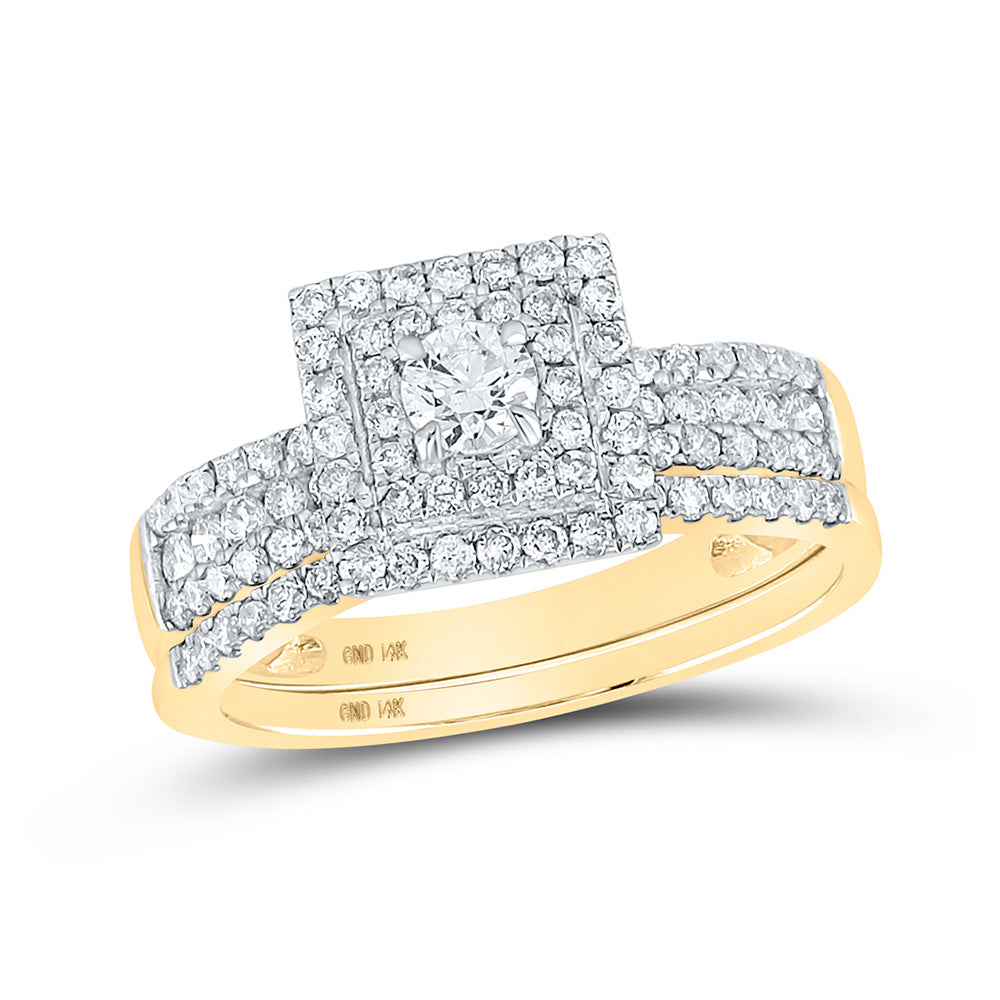 14K Yellow Gold Round Diamond Halo Bridal Wedding Ring Band Set 7/8 Cttw, Womens Size: 5-10