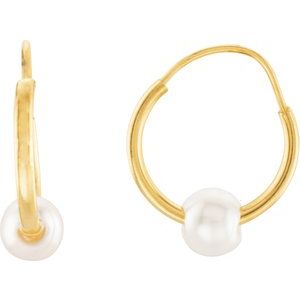 14K Yellow Gold Pearl 3.5 Mm Cultured White Freshwater Pearl Hoop Earrings