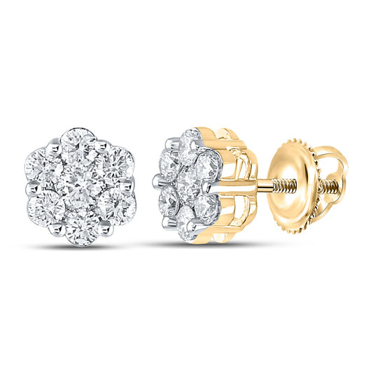14K Yellow Gold Womens Round Diamond Flower Cluster Earrings 7/8 Cttw