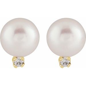 14K Yellow Gold Pearl 5.0-5.5 Mm Cultured Akoya Pearl And .02 Ctw Natural Diamond Earrings