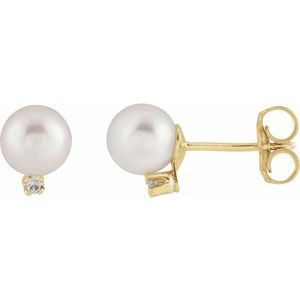 14K Yellow Gold Pearl 5.0-5.5 Mm Cultured Akoya Pearl And .02 Ctw Natural Diamond Earrings