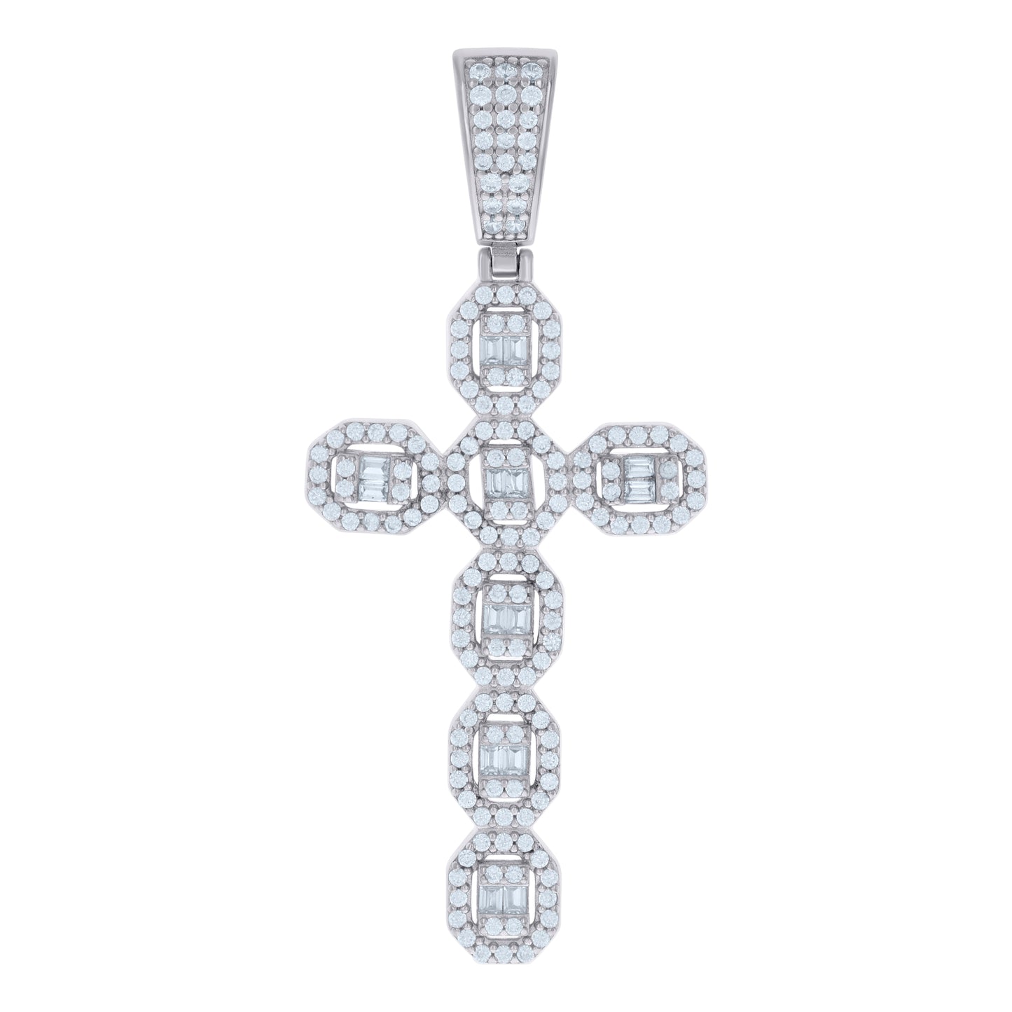 Sterling Silver Mens Baguette Round Cubic-Zirconia Cross Religious Charm Pendant