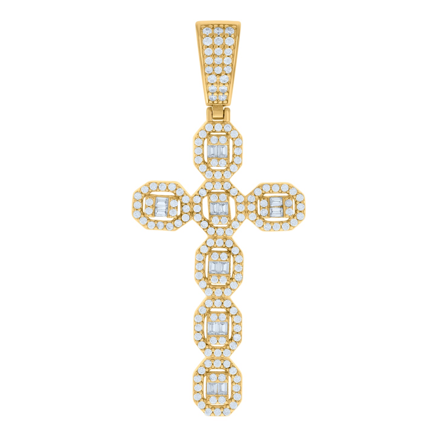 Sterling Silver Mens Baguette Round Cubic-Zirconia Cross Religious Charm Pendant