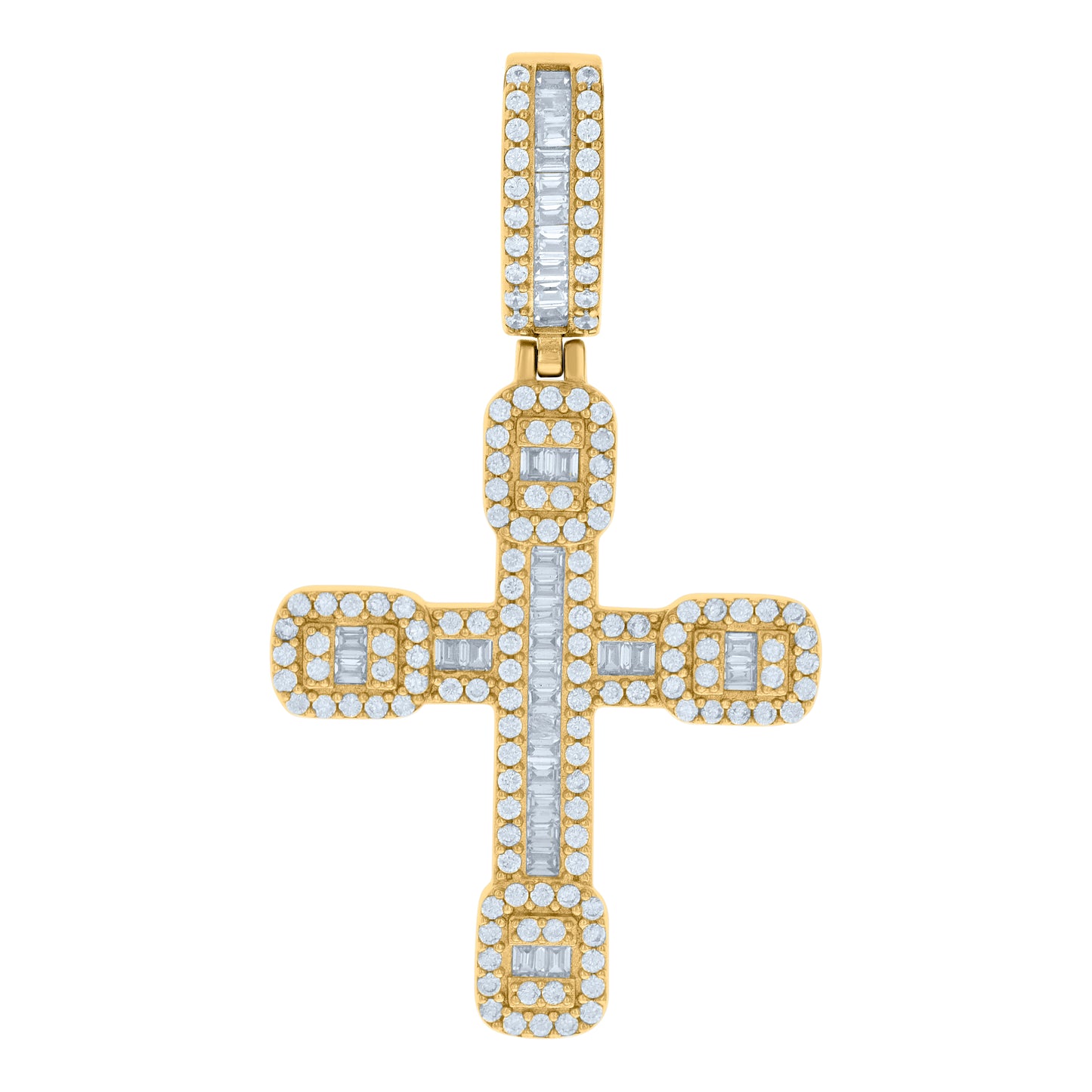 Sterling Silver Mens Baguette Round Cubic-Zirconia Cross Religious Charm Pendant