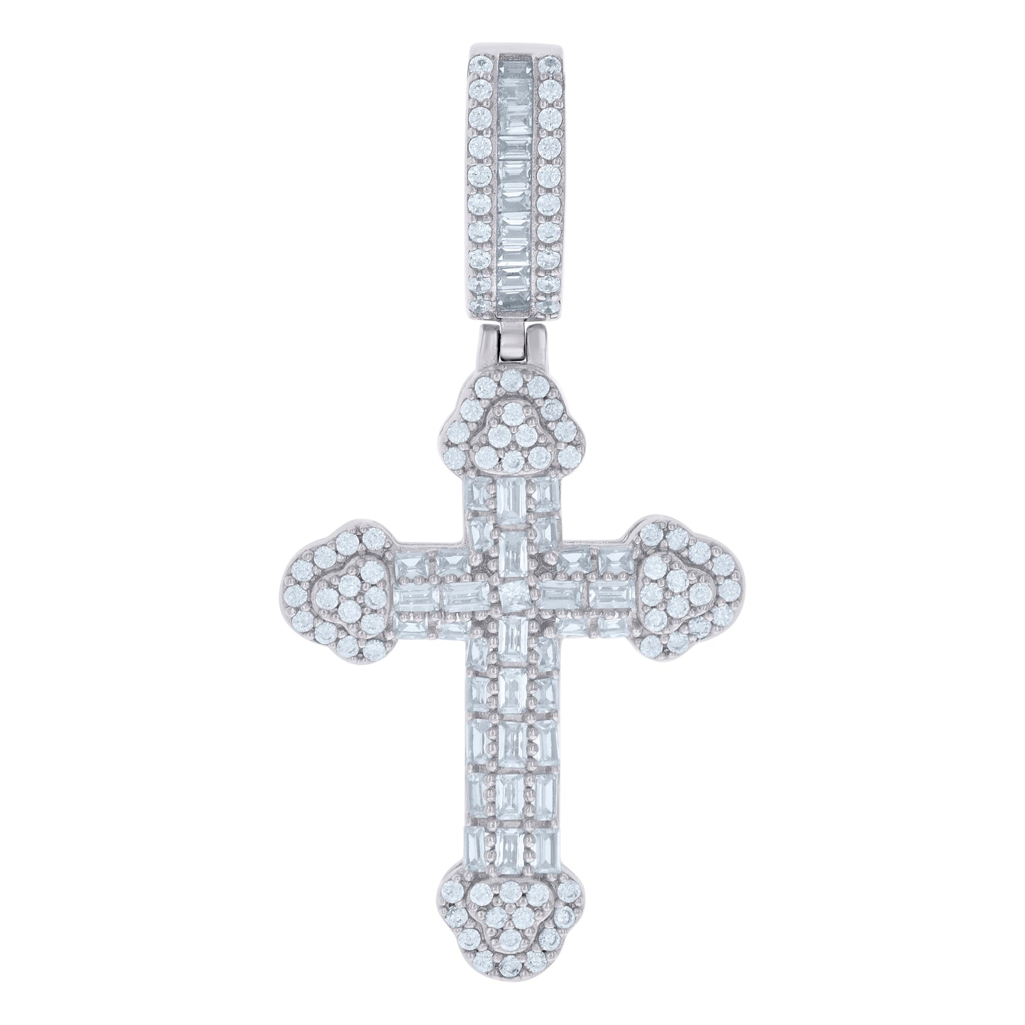 Sterling Silver Mens Baguette Round Cubic-Zirconia Cross Religious Charm Pendant