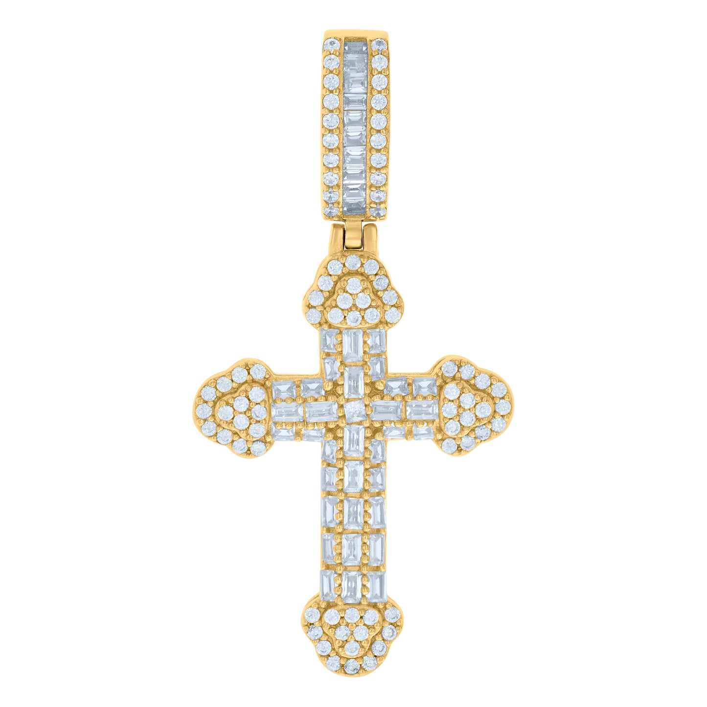 Sterling Silver Mens Baguette Round Cubic-Zirconia Cross Religious Charm Pendant