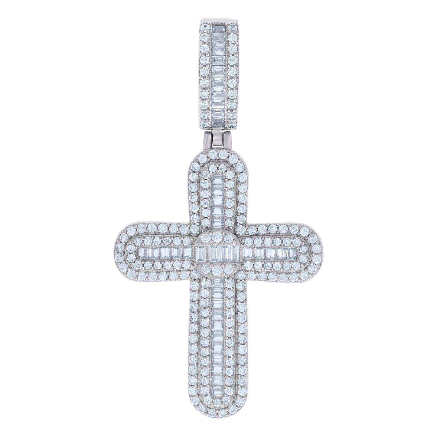 Sterling Silver Mens Baguette Round Cubic-Zirconia Cross Religious Charm Pendant