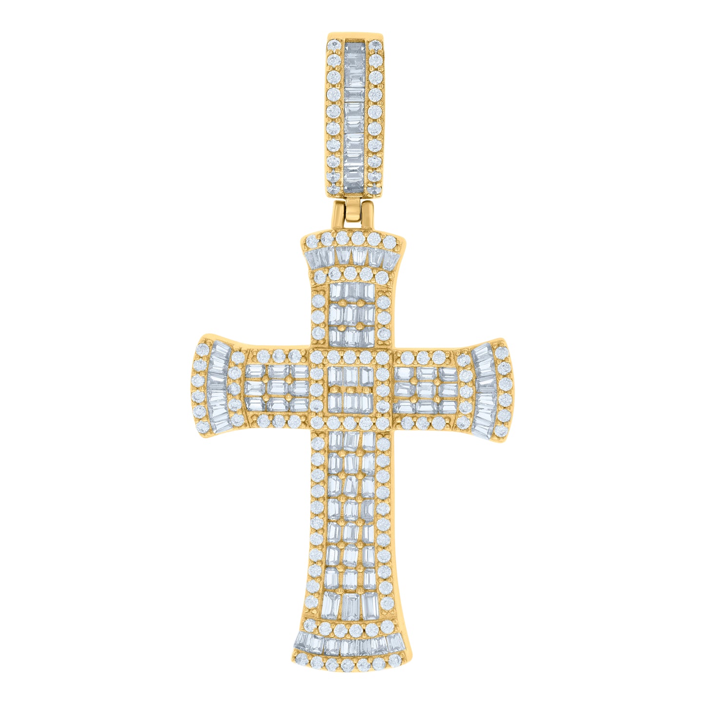 Sterling Silver Mens Baguette Round Cubic-Zirconia Cross Religious Charm Pendant