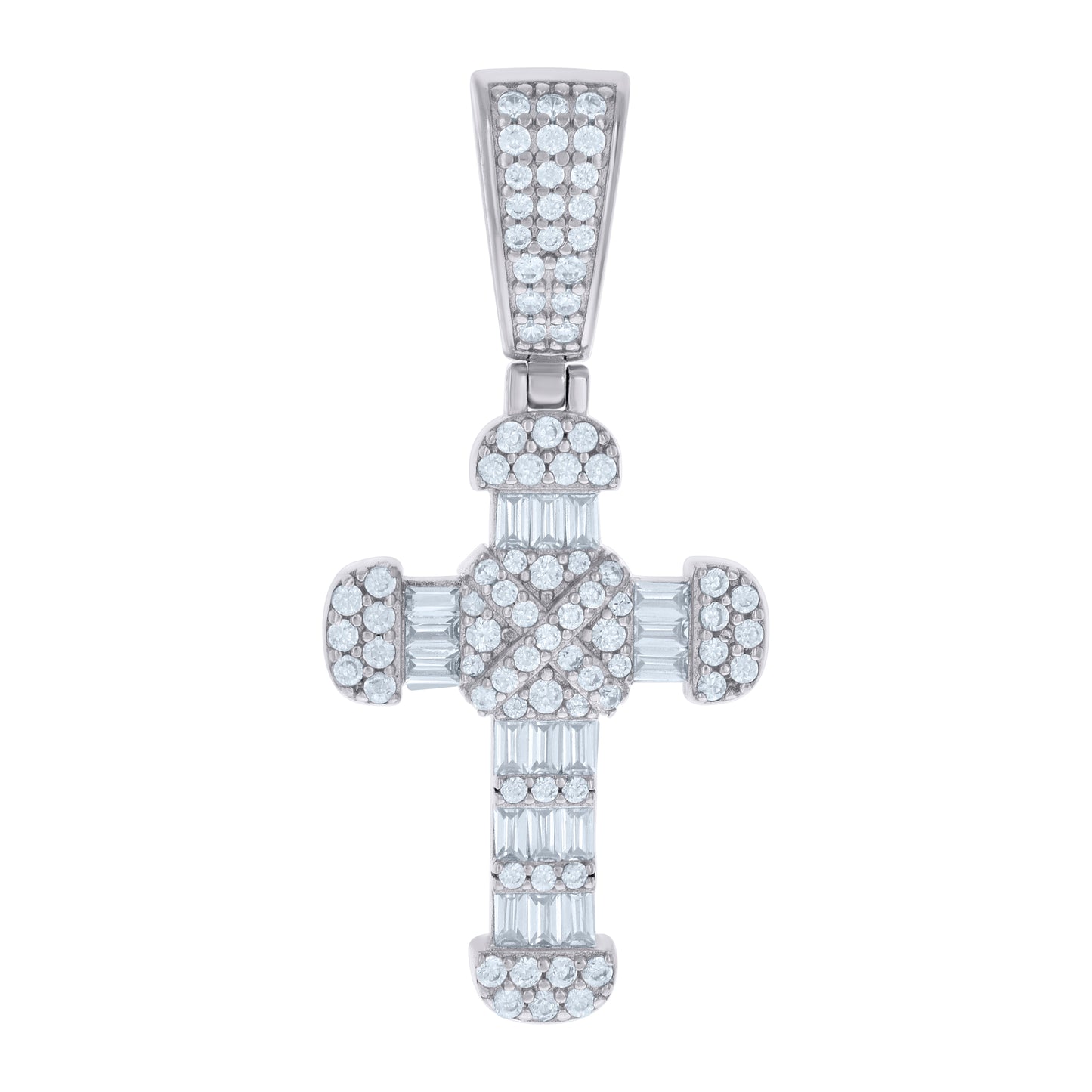 Sterling Silver Mens Baguette Round Cubic-Zirconia Cross Religious Charm Pendant