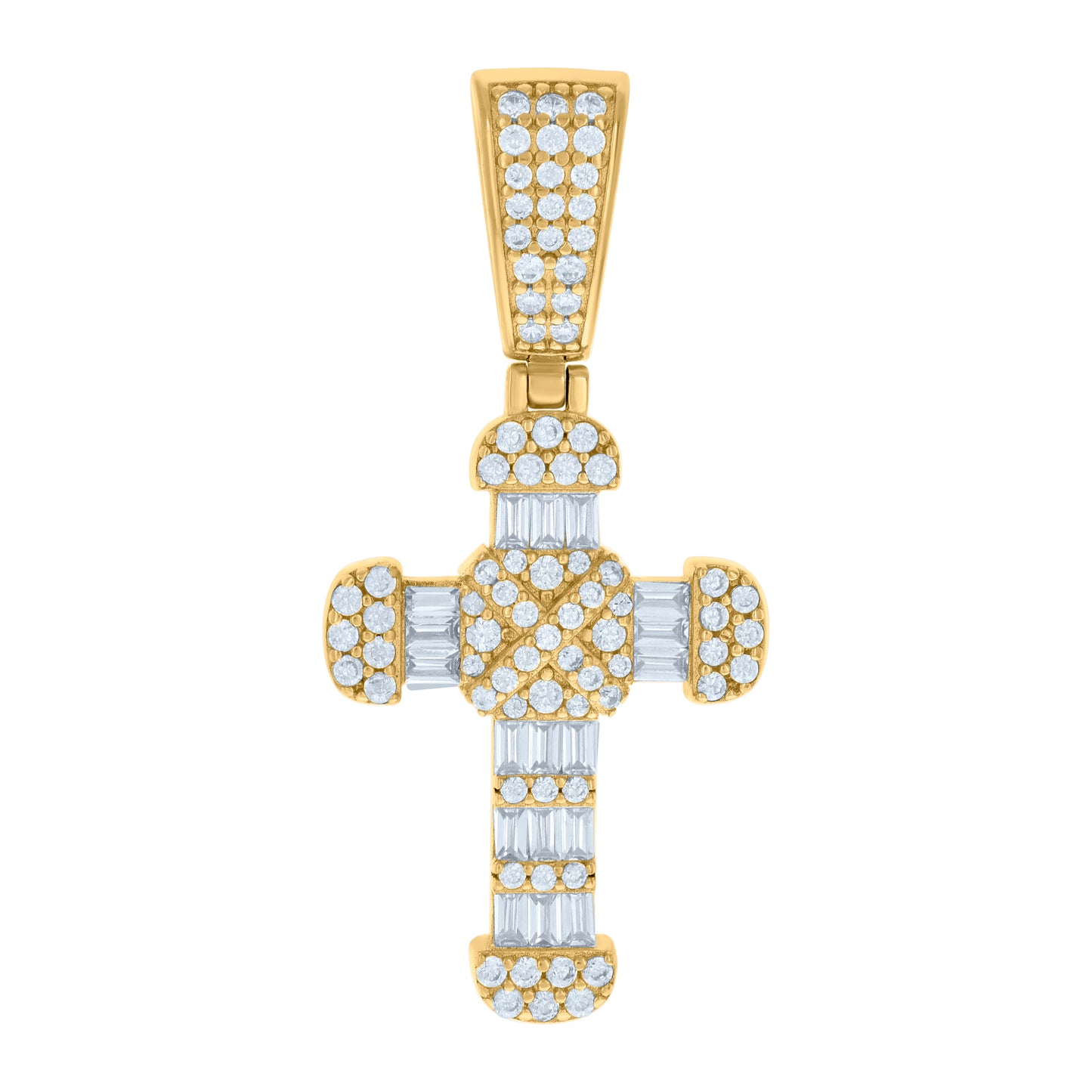Sterling Silver Mens Baguette Round Cubic-Zirconia Cross Religious Charm Pendant