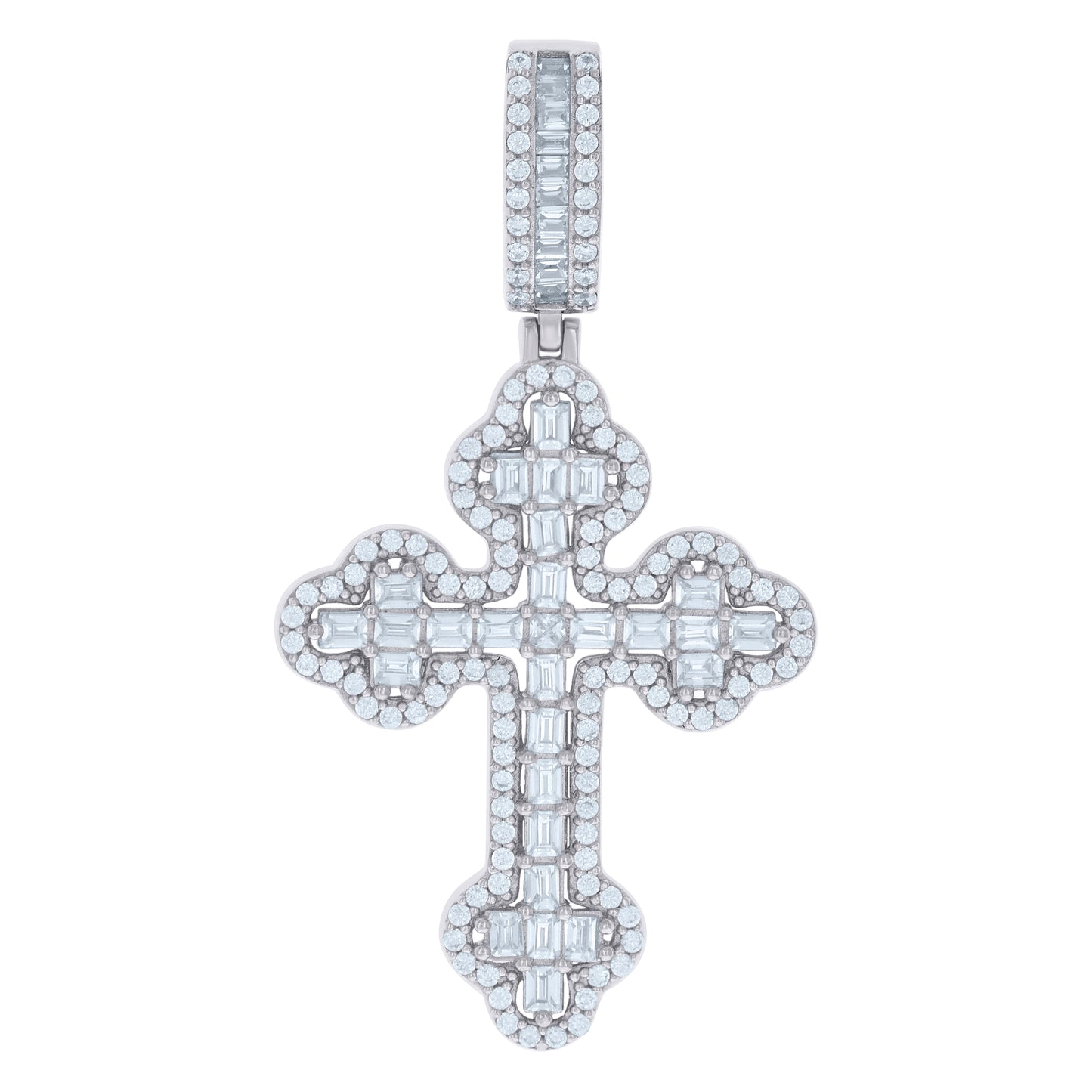 Sterling Silver Mens Baguette Round Cubic-Zirconia Cross Religious Charm Pendant