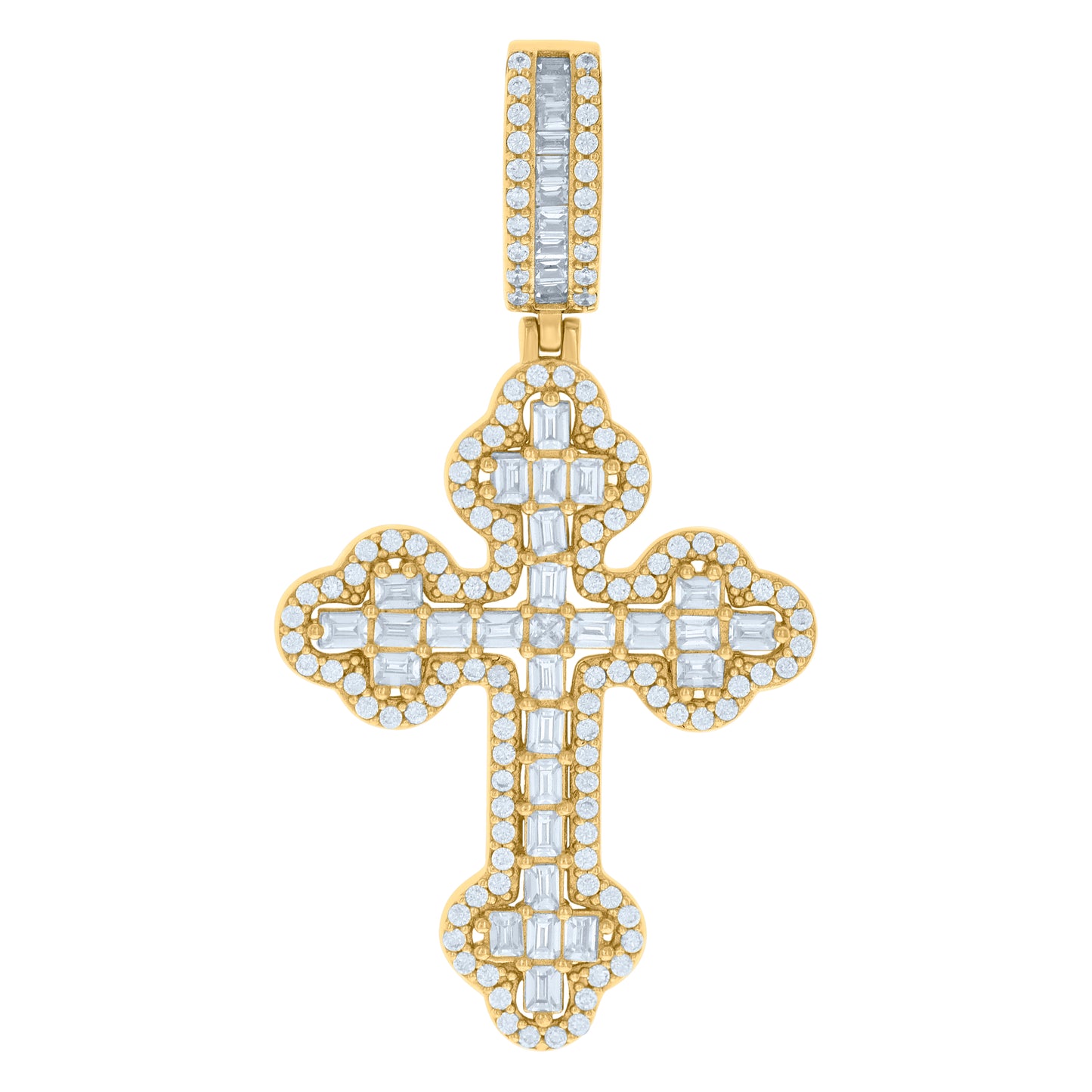 Sterling Silver Mens Baguette Round Cubic-Zirconia Cross Religious Charm Pendant