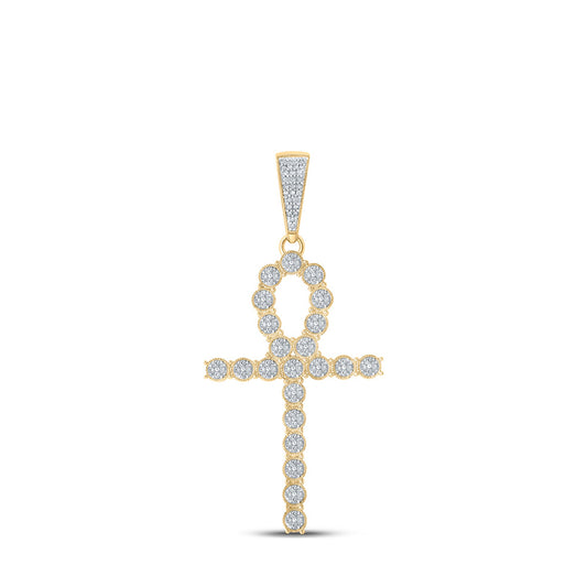 10K Yellow Gold Mens Round Diamond Ankh Cross Charm Pendant 5/8 Cttw, Length: 2.51 In, Width: 1.2 In