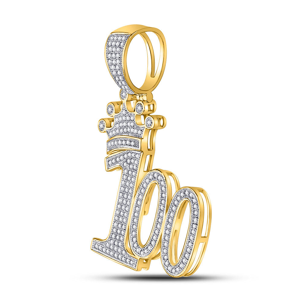 10K Yellow Gold Mens Round Diamond 100 Hundred Crown Charm Pendant 1/2 Cttw, Length: 1.68 In, Width: 1.15 In
