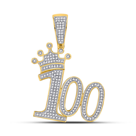 10K Yellow Gold Mens Round Diamond 100 Hundred Crown Charm Pendant 1/2 Cttw, Length: 1.68 In, Width: 1.15 In