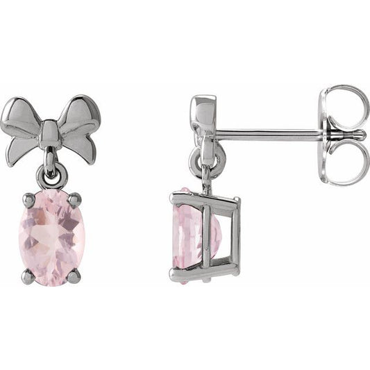 14K White Gold Oval 6 X 4 Mm Friction Backs Polished Natural Pink Morganite Bow Earrings