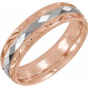 14K Rose/White/Rose Gold 6 Mm Polished Design-Engraved Comfort-Fit Band With Milgrain Size 10