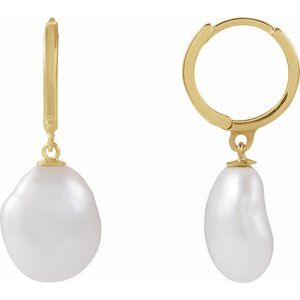 14K Yellow Gold Cultured White Freshwater Pearl Pearl 9.0-10.0 Mm Polished Cultured Keshi Freshwater Pearl Earrings