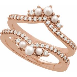14K Rose Gold   2.5 Mm  Polished Cultured White Seed Pearl And 1/3 Ctw Natural Diamond Ring Guard Size 7