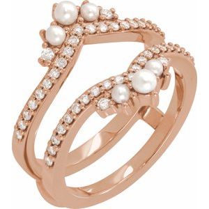 14K Rose Gold   2.5 Mm  Polished Cultured White Seed Pearl And 1/3 Ctw Natural Diamond Ring Guard Size 7