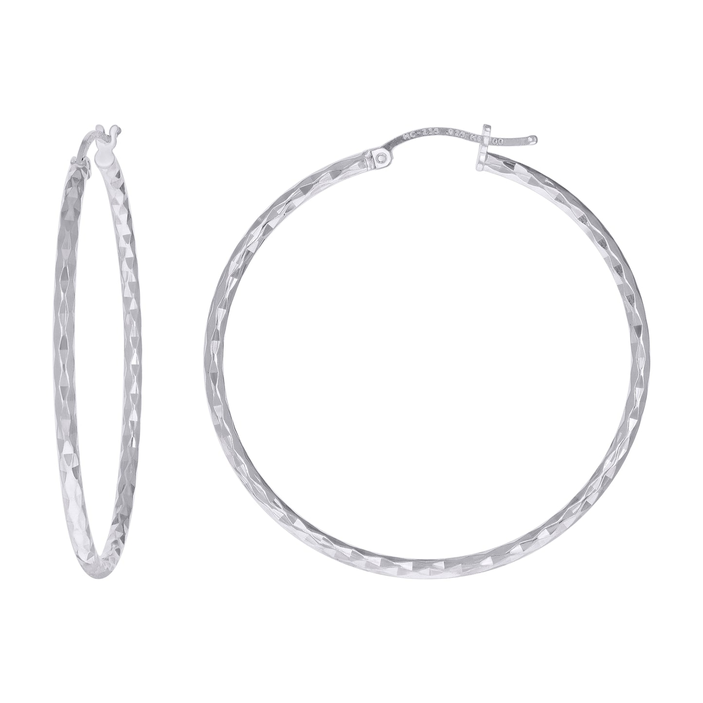 Sterling Silver Womens Diamond-cut 2mm Hoop Earrings
