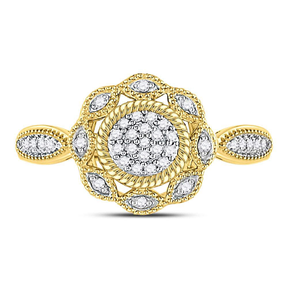 10K Yellow Gold Womens Round Diamond Milgrain Cable Cluster Ring 1/8 Cttw, Womens Size: 5-10
