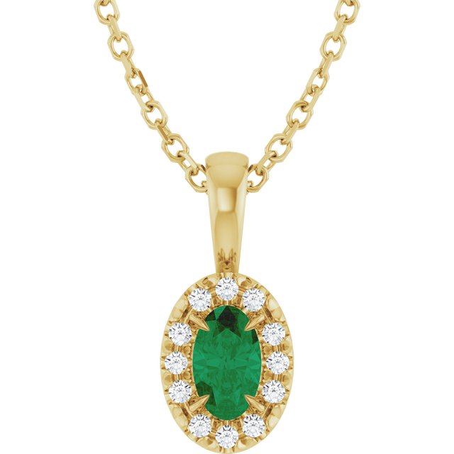 14K Yellow Gold Oval 5 X 3Mm I1, G-H 16-18 In Polished Natural Emerald And .05 Ctw Natural Diamond French-Set Halo-Style Necklace