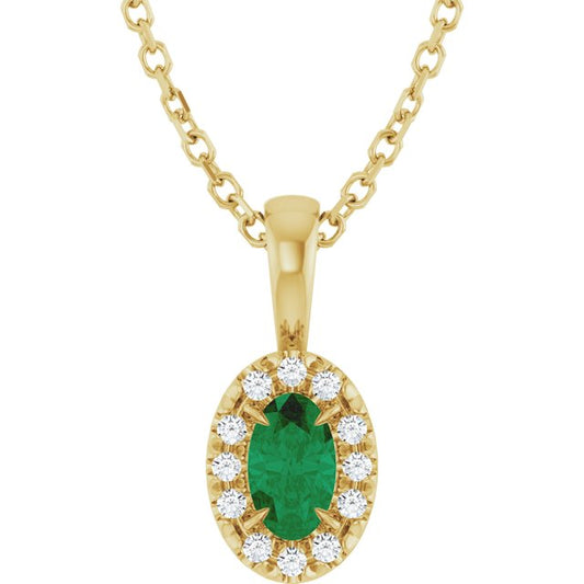 14K Yellow Gold Oval 5 X 3Mm I1, G-H 16-18 In Polished Natural Emerald And .05 Ctw Natural Diamond French-Set Halo-Style Necklace