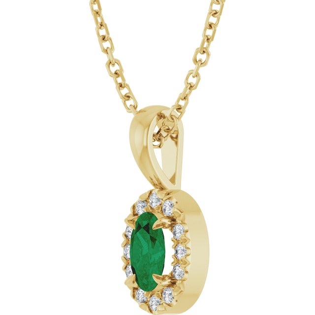14K Yellow Gold Oval 5 X 3Mm I1, G-H 16-18 In Polished Natural Emerald And .05 Ctw Natural Diamond French-Set Halo-Style Necklace