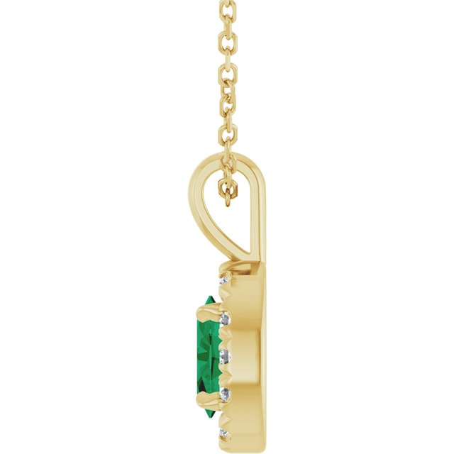 14K Yellow Gold Oval 6 X 4Mm I1, G-H 16-18 In Polished Lab-Grown Emerald And 1/10 Ctw Natural Diamond French-Set Halo-Style Necklace