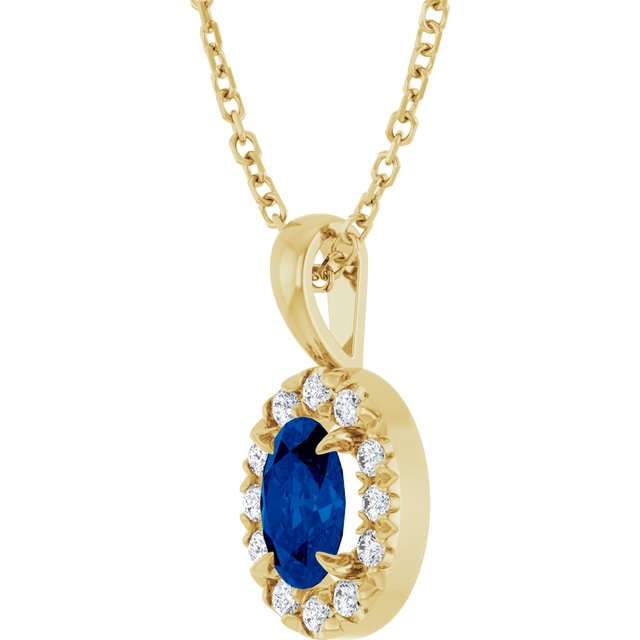 14K Yellow Gold Oval 6 X 4Mm I1, G-H 16-18 In Polished Lab-Grown Blue Sapphire And 1/10 Ctw Natural Diamond French-Set Halo-Style Necklace