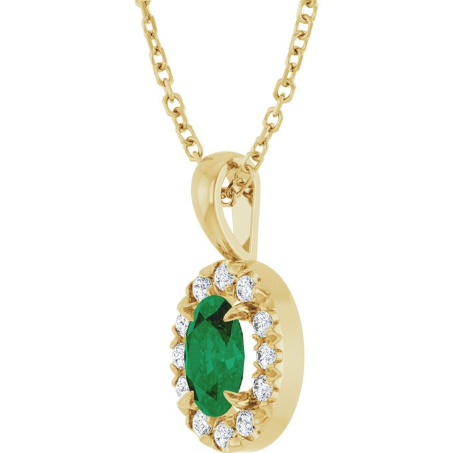 14K Yellow Gold Oval 6 X 4Mm I1, G-H 16-18 In Polished Lab-Grown Emerald And 1/10 Ctw Natural Diamond French-Set Halo-Style Necklace